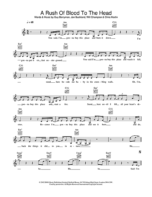 Preview Coldplay A Rush Of Blood To The Head Pop sheet music, notes and chords for Guitar Tab, SKU: 22994 sheet music, piano notes, chords, guitar tabs, score, transpose, transcribe, how to play, guide, download, learn, tutorial, progression, song, artist, awards, billboard, mtv, vh1, tour, single, album, release