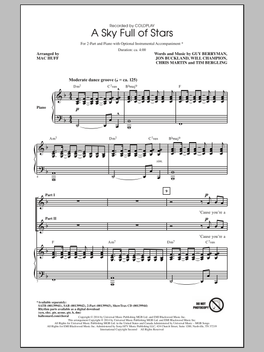 Coldplay A Sky Full Of Stars Arr Mac Huff Sheet Music Download Pdf Score