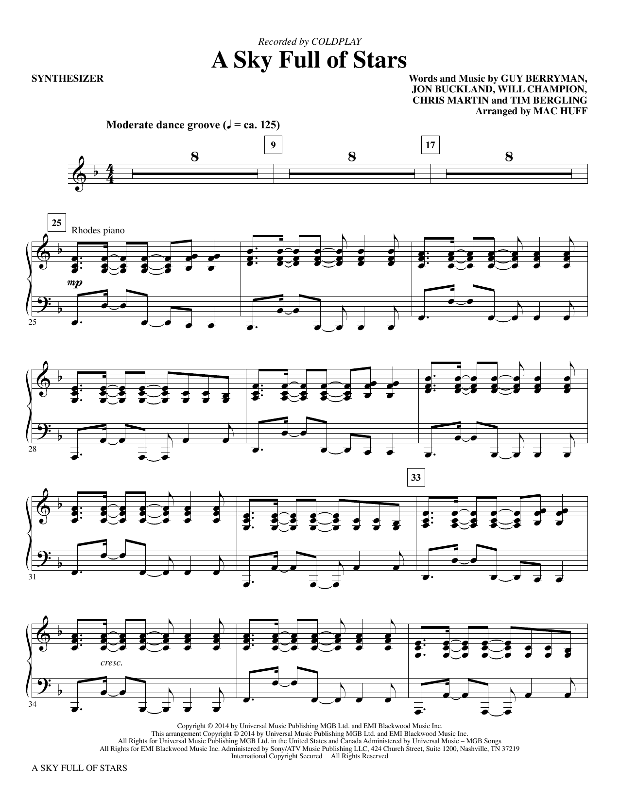 Coldplay A Sky Full Of Stars Arr Mac Huff Synthesizer Sheet Music Download Pdf Score