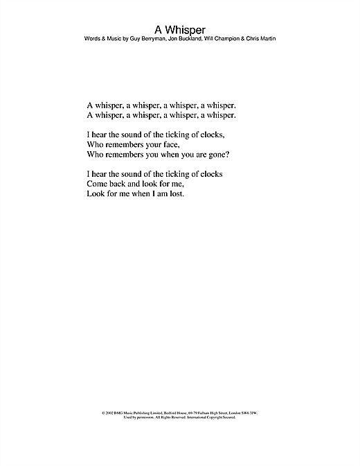 Preview Coldplay A Whisper Pop sheet music, notes and chords for Piano, Vocal & Guitar, SKU: 21866 A Whisper sheet music