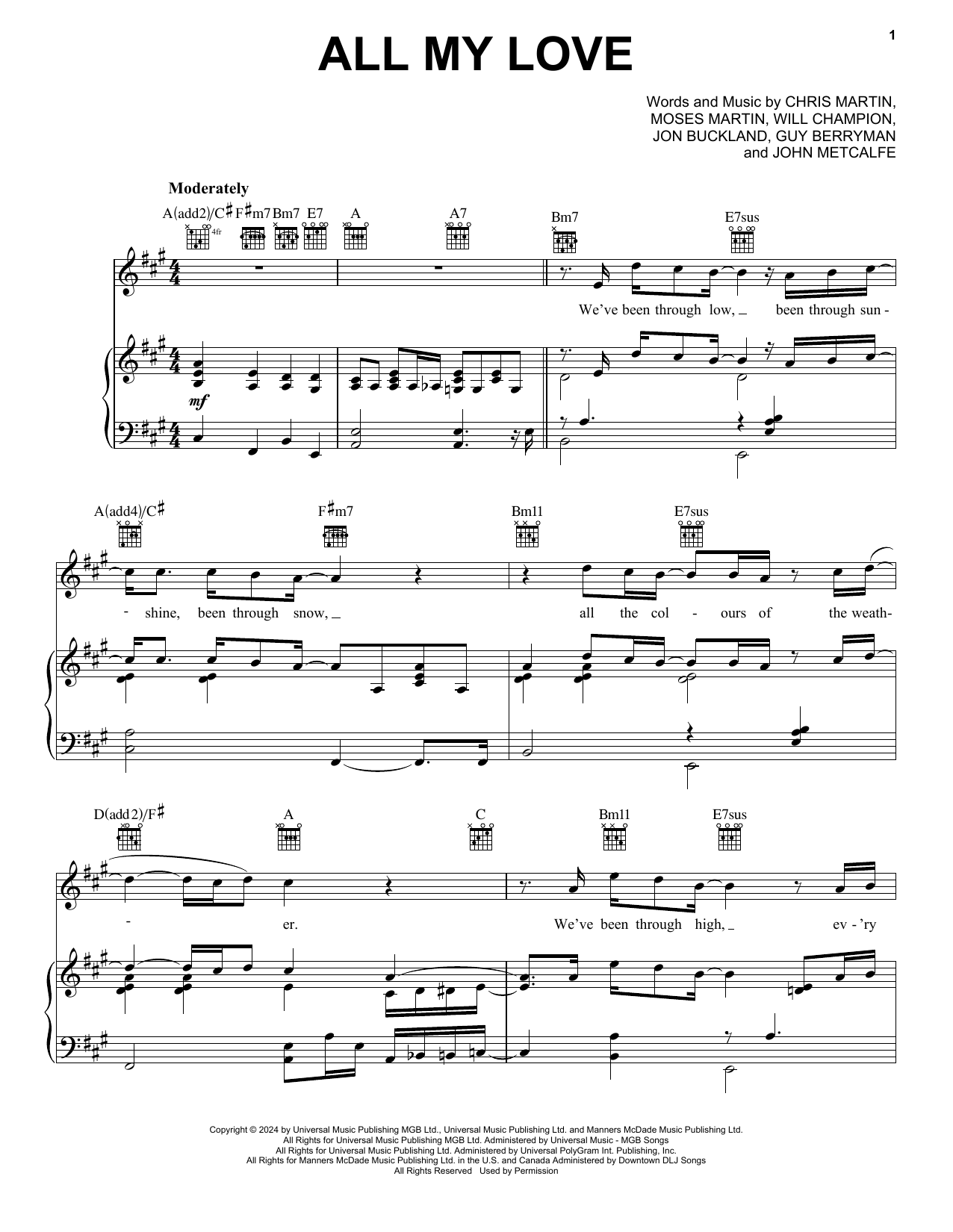 Coldplay All My Love Sheet Music Notes & Chords for Piano, Vocal & Guitar Chords (Right-Hand Melody) - Download or Print PDF