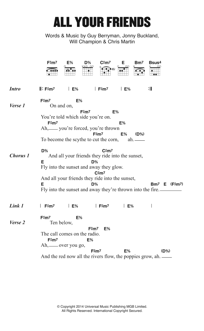 Coldplay All Your Friends Sheet Music Notes & Chords for Lyrics & Chords - Download or Print PDF