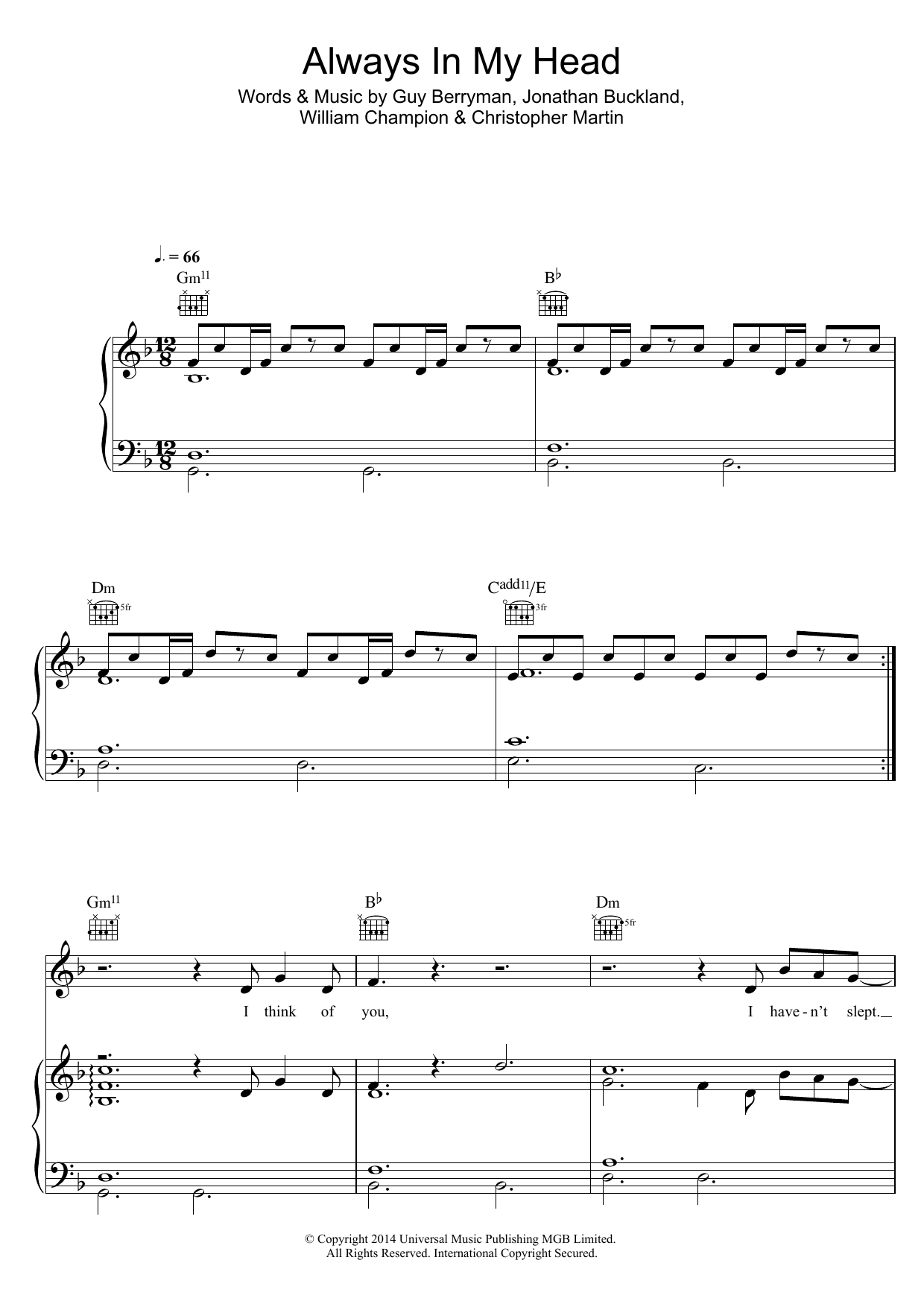 Coldplay Always In My Head Sheet Music Notes & Chords for Guitar Tab - Download or Print PDF