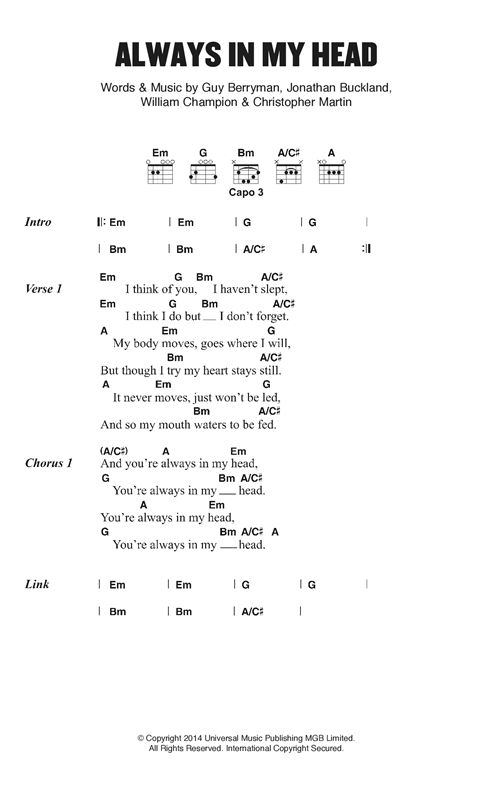 Preview Coldplay Always In My Head Alternative sheet music, notes and chords for Guitar Tab, SKU: 164746 Always In My Head sheet music