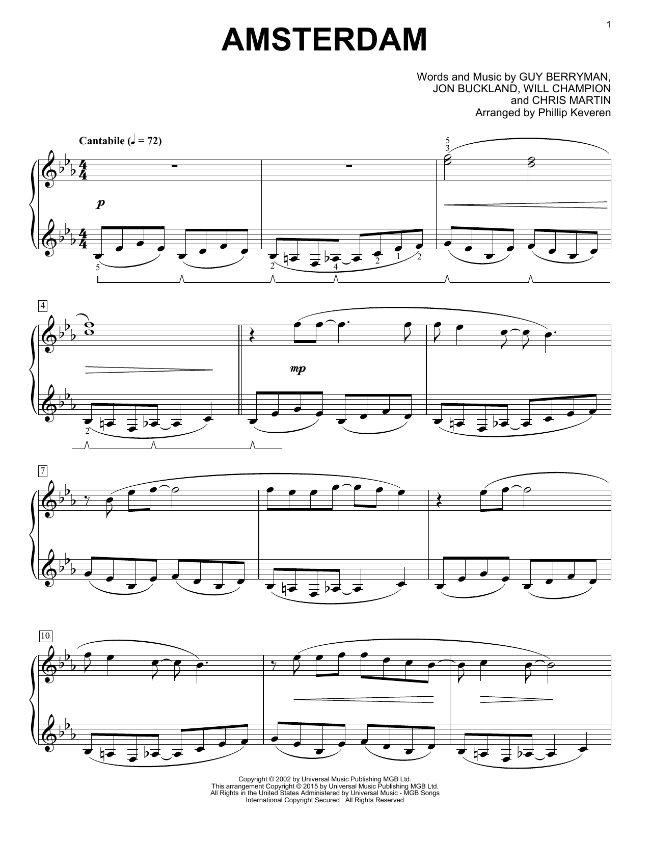 Coldplay Amsterdam [Classical version] (arr. Phillip Keveren) Sheet Music Notes & Chords for Piano - Download or Print PDF