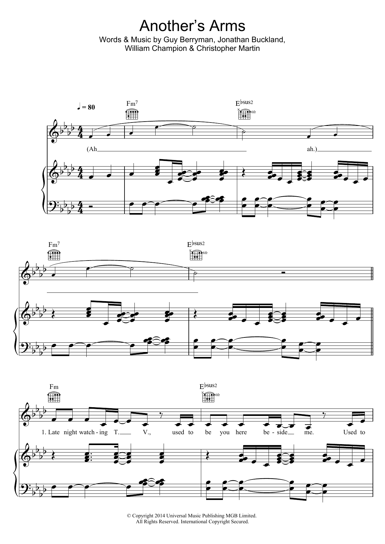 Coldplay Another's Arms Sheet Music Notes & Chords for Lyrics & Chords - Download or Print PDF