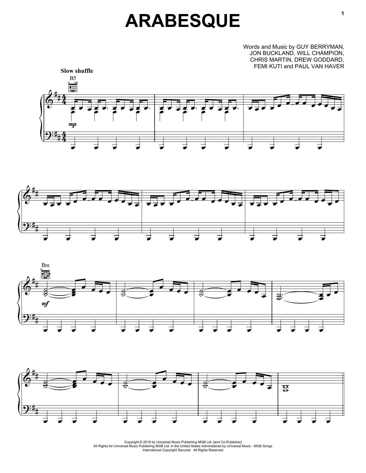 Coldplay Arabesque Sheet Music Notes & Chords for Piano, Vocal & Guitar (Right-Hand Melody) - Download or Print PDF