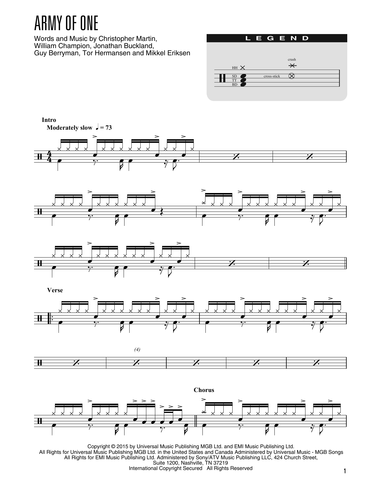 Coldplay Army Of One (arr. Kennan Wylie) Sheet Music Notes & Chords for Drums Transcription - Download or Print PDF