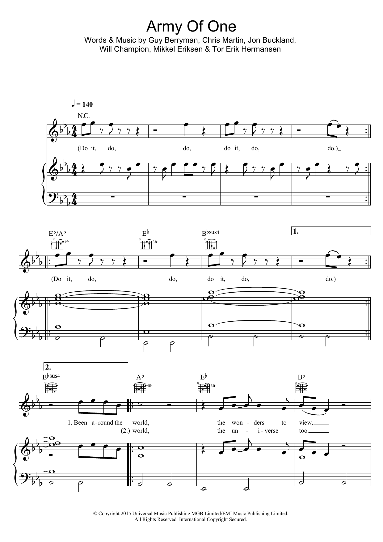 Coldplay Army Of One Sheet Music Notes & Chords for Piano, Vocal & Guitar (Right-Hand Melody) - Download or Print PDF