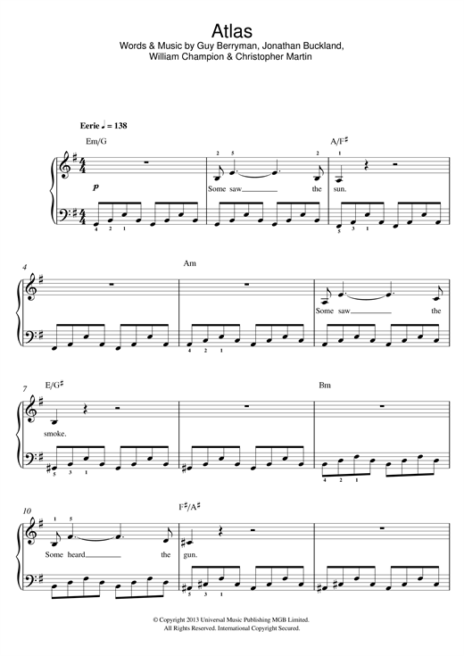 Coldplay Atlas Sheet Music Notes & Chords for Piano, Vocal & Guitar (Right-Hand Melody) - Download or Print PDF