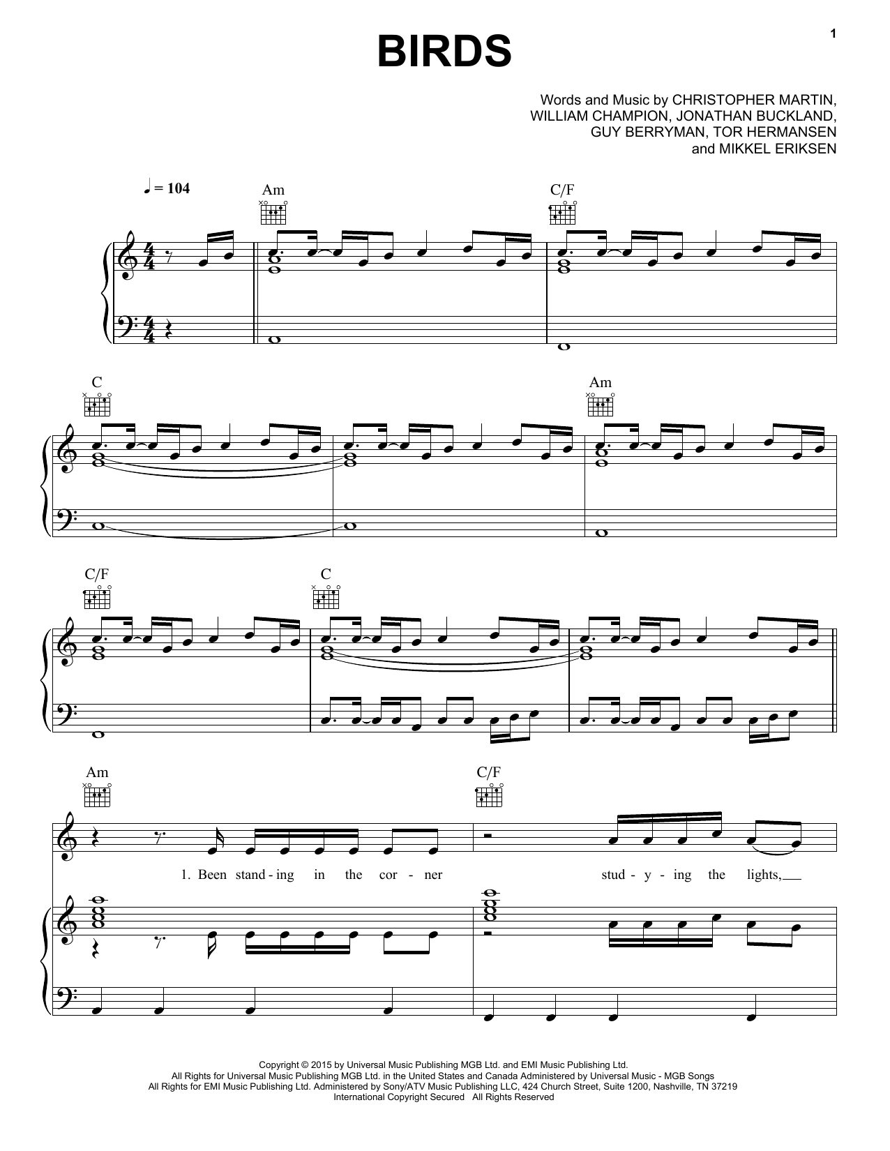Coldplay Birds Sheet Music Notes & Chords for Lyrics & Chords - Download or Print PDF