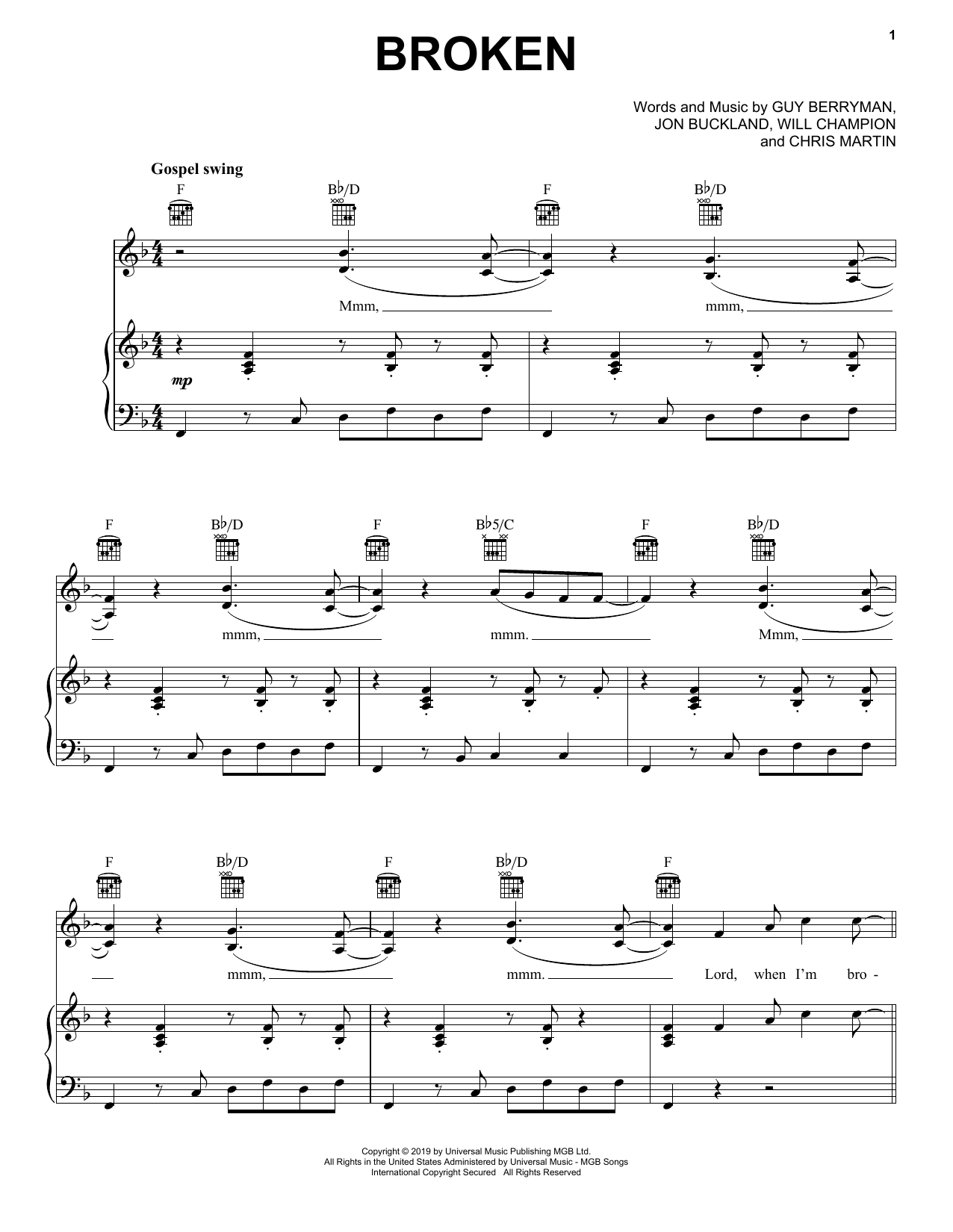 Coldplay Broken Sheet Music Notes & Chords for Piano, Vocal & Guitar (Right-Hand Melody) - Download or Print PDF