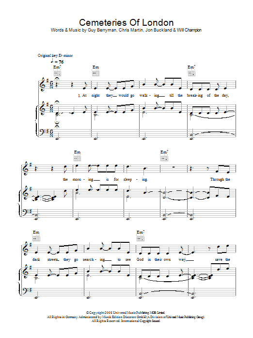 Coldplay Cemeteries Of London Sheet Music Notes & Chords for Piano, Vocal & Guitar (Right-Hand Melody) - Download or Print PDF