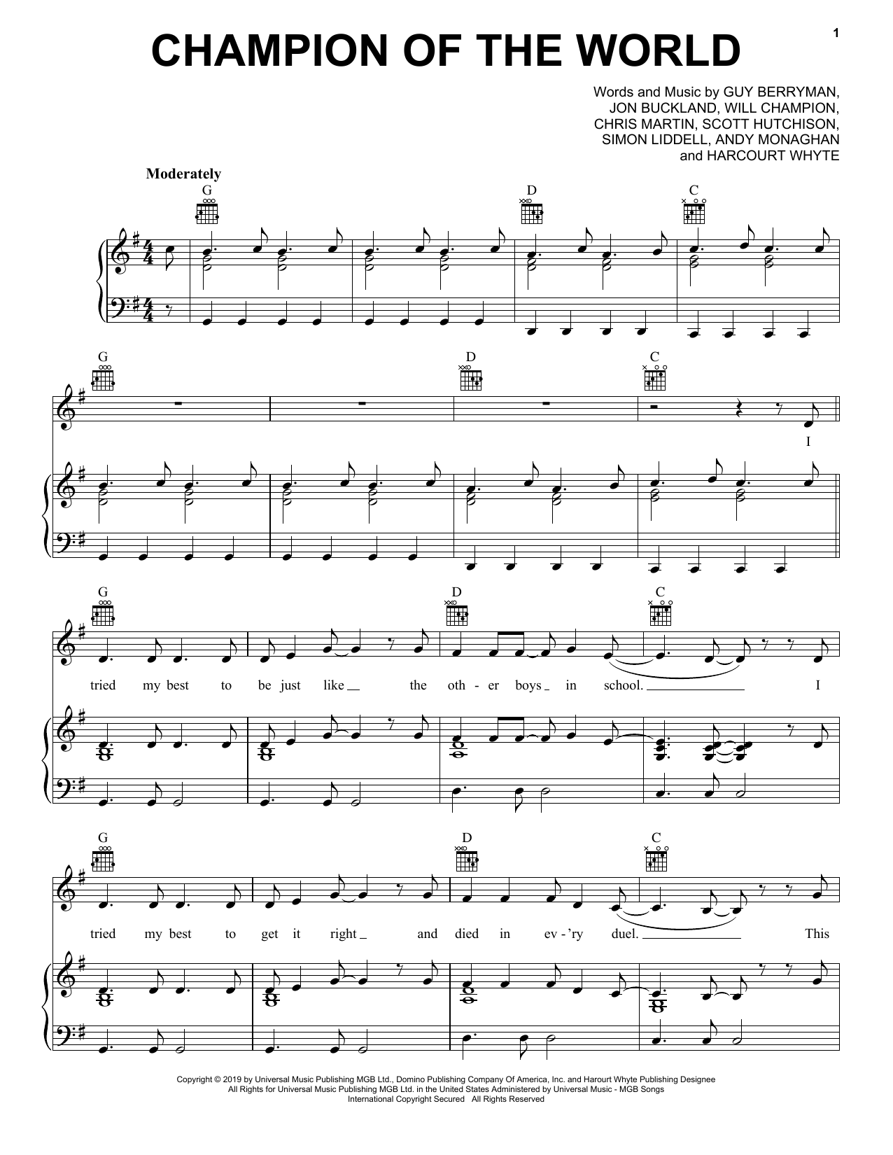 Coldplay Champion Of The World Sheet Music Notes & Chords for Piano, Vocal & Guitar (Right-Hand Melody) - Download or Print PDF