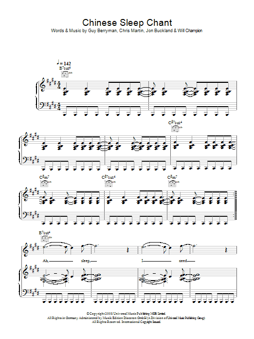 Coldplay Chinese Sleep Chant Sheet Music Notes & Chords for Piano, Vocal & Guitar - Download or Print PDF