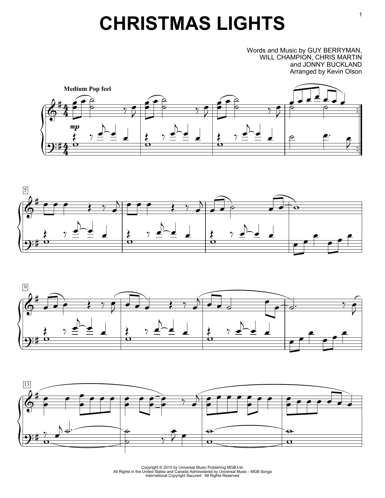 Coldplay Christmas Lights (arr. Kevin Olson) Sheet Music Notes & Chords for Easy Piano Solo - Download or Print PDF