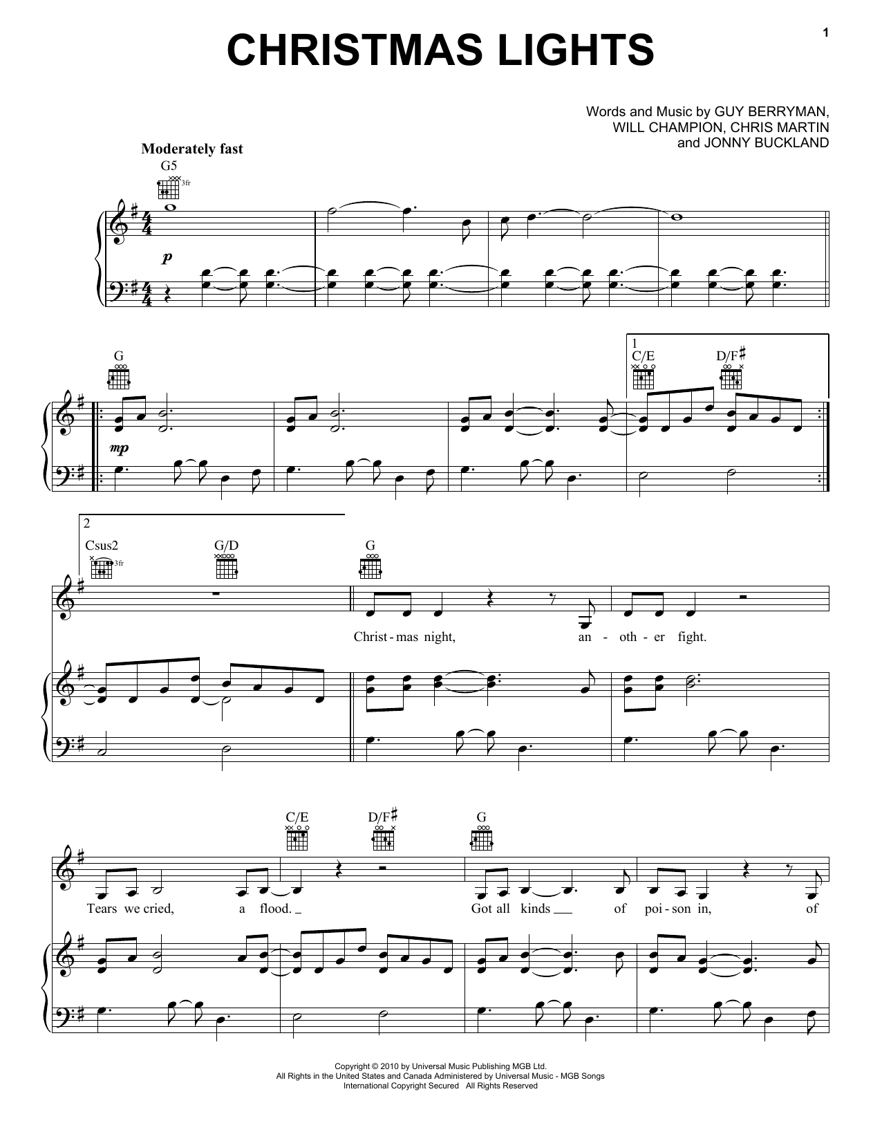 Coldplay Christmas Lights Sheet Music Notes & Chords for Melody Line, Lyrics & Chords - Download or Print PDF