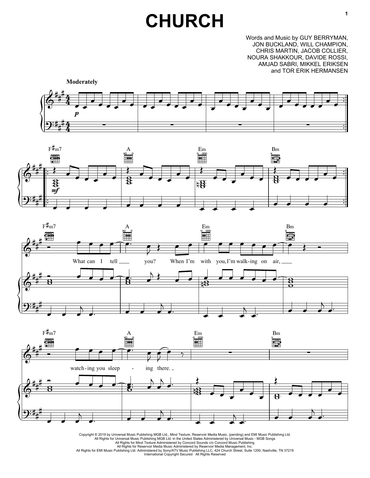 Coldplay Church Sheet Music Notes & Chords for Piano, Vocal & Guitar (Right-Hand Melody) - Download or Print PDF