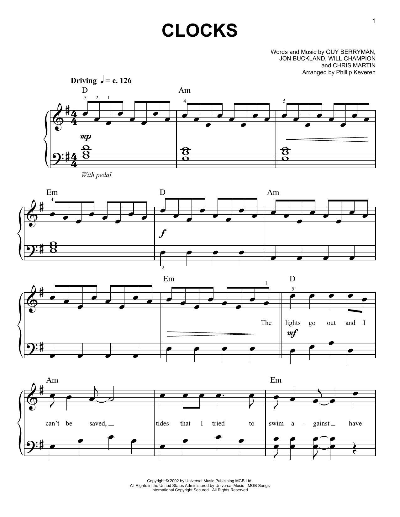 Coldplay Clocks (arr. Phillip Keveren) Sheet Music Notes & Chords for Easy Piano - Download or Print PDF