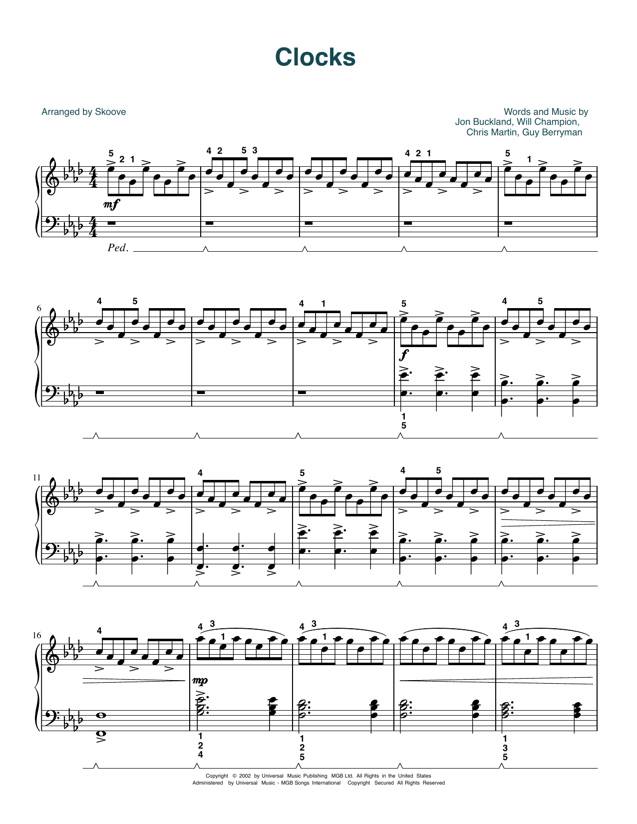 Coldplay Clocks (arr. Skoove) Sheet Music Notes & Chords for Easy Piano - Download or Print PDF