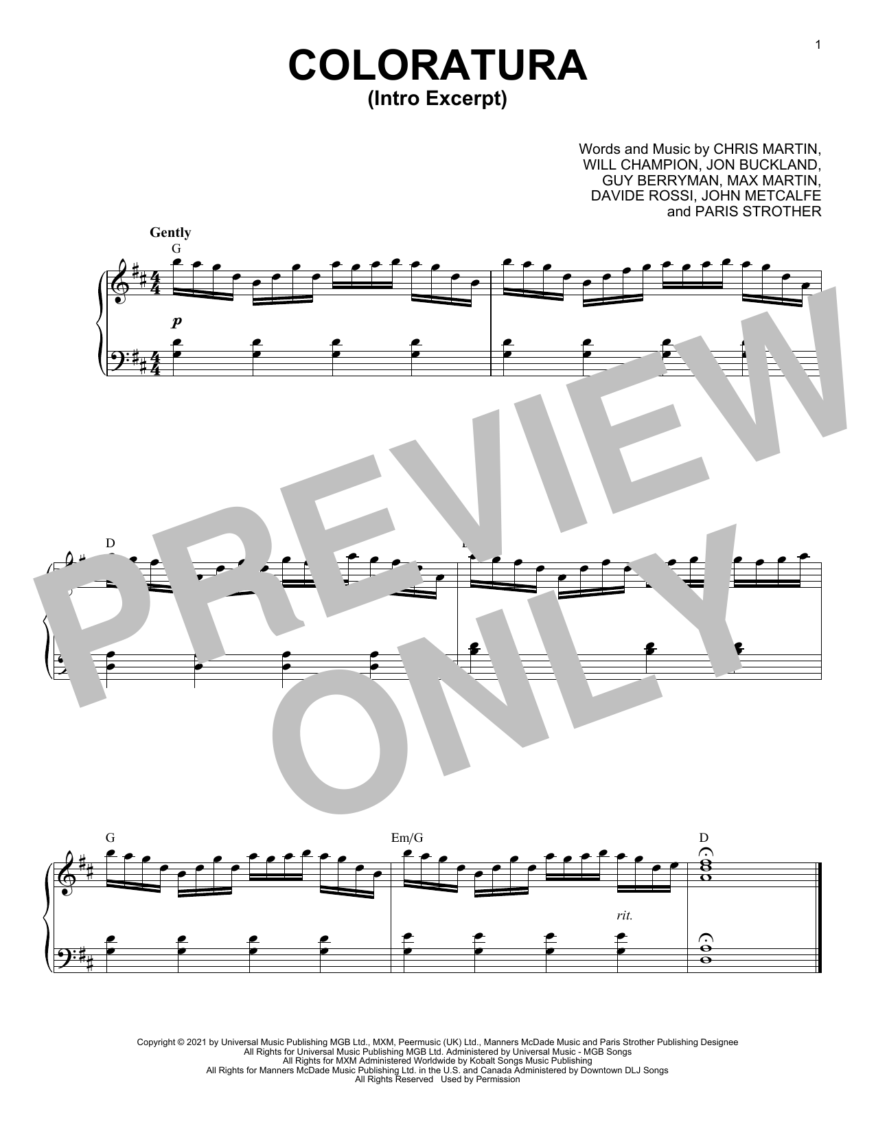 Coldplay Coloratura (Intro Excerpt) Sheet Music Notes & Chords for Piano Solo - Download or Print PDF Coldplay Coloratura (Intro Excerpt) Sheet Music Notes & Chords for Piano Solo - Download or Print PDF
