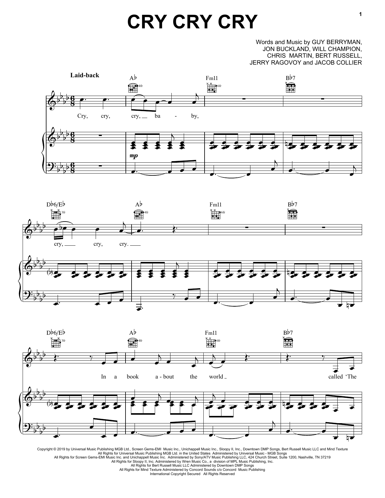 Coldplay Cry Cry Cry Sheet Music Notes & Chords for Piano, Vocal & Guitar (Right-Hand Melody) - Download or Print PDF