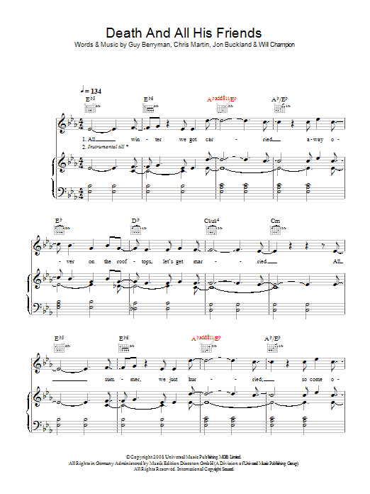 Coldplay Death And All His Friends Sheet Music Notes & Chords for Piano, Vocal & Guitar - Download or Print PDF