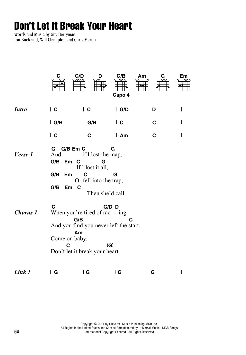 Coldplay Don't Let It Break Your Heart Sheet Music Notes & Chords for Piano, Vocal & Guitar (Right-Hand Melody) - Download or Print PDF