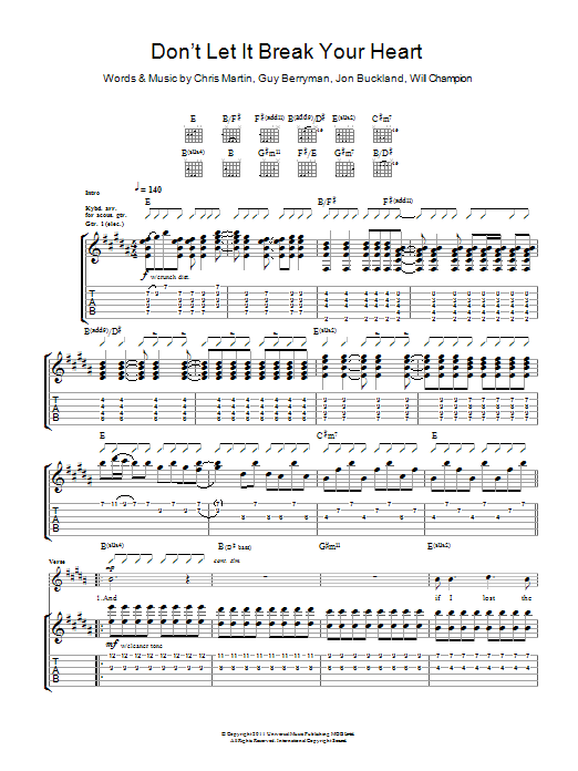 Coldplay Don't Let It Break Your Heart Sheet Music Notes & Chords for Guitar Tab - Download or Print PDF