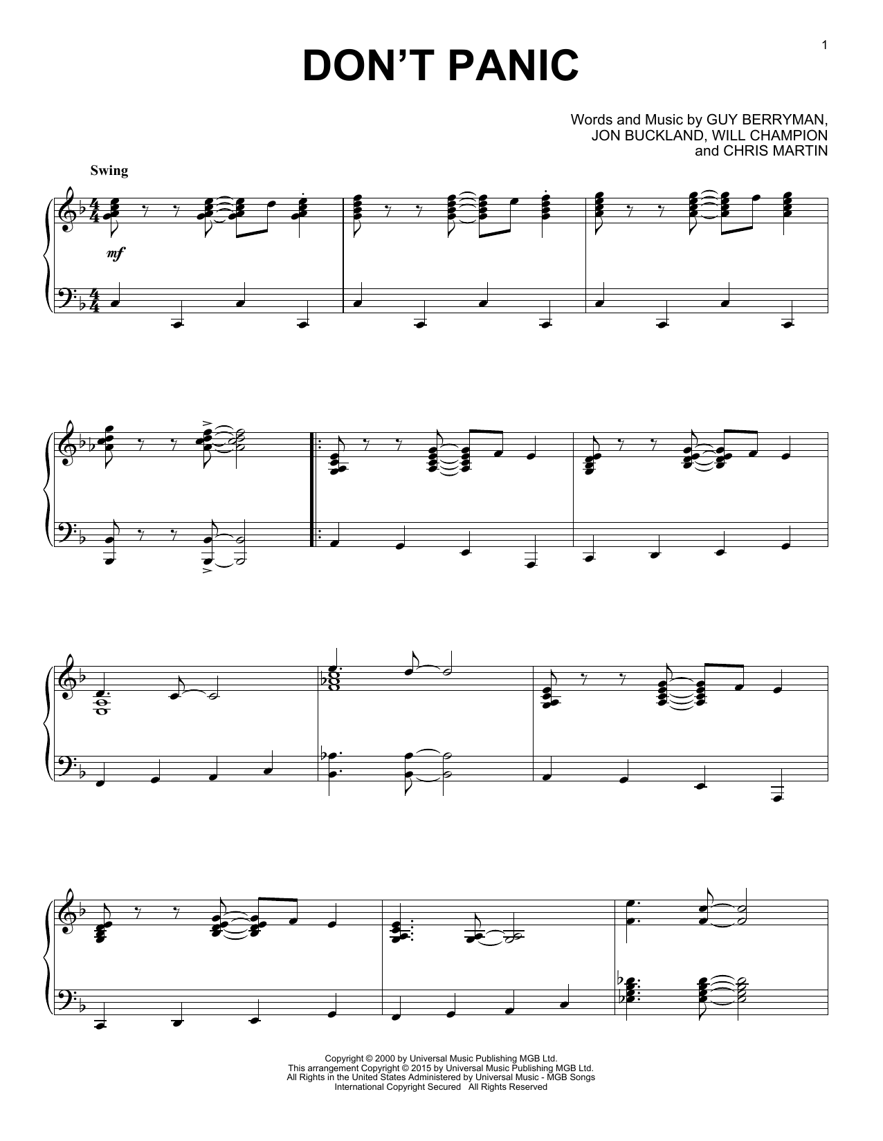 Coldplay Don't Panic [Jazz version] Sheet Music Notes & Chords for Piano - Download or Print PDF