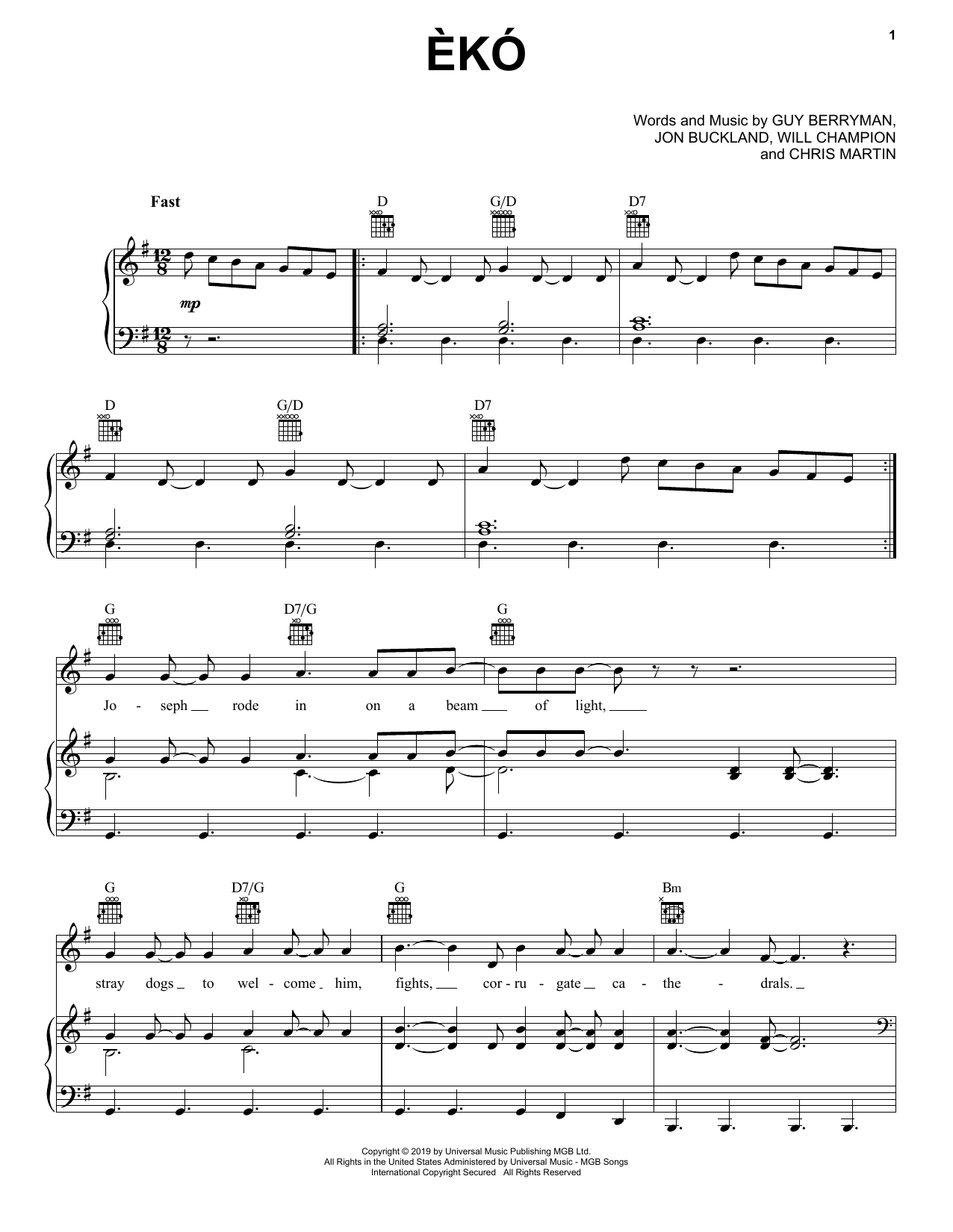 Coldplay Eko Sheet Music Notes & Chords for Piano, Vocal & Guitar (Right-Hand Melody) - Download or Print PDF