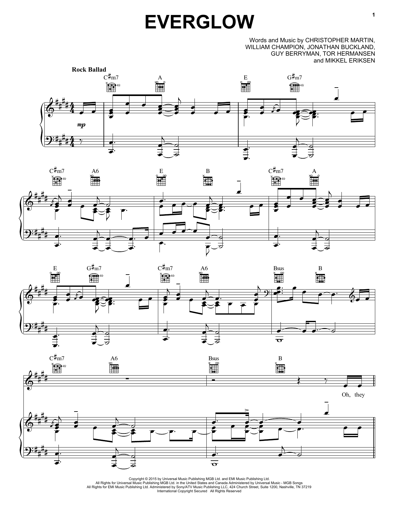 Coldplay Everglow Sheet Music Notes & Chords for Piano, Vocal & Guitar (Right-Hand Melody) - Download or Print PDF