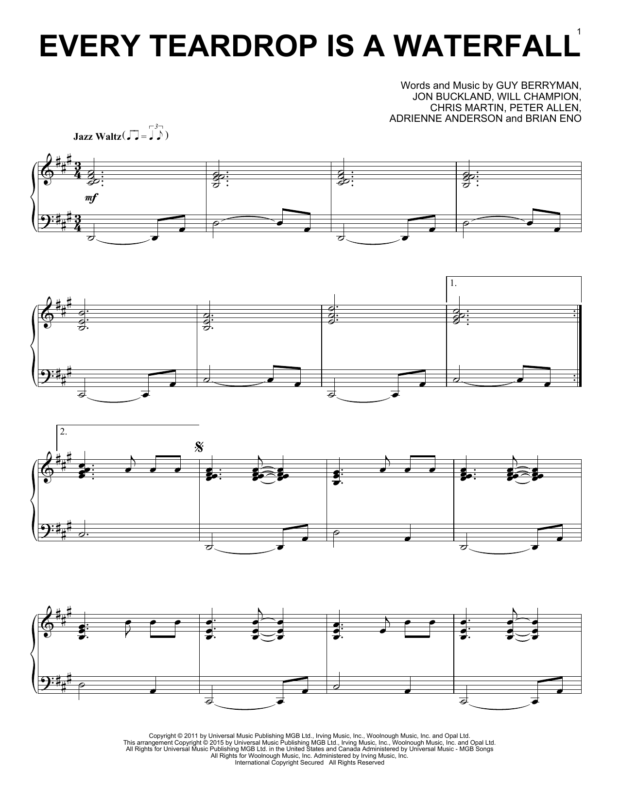 Coldplay Every Teardrop Is A Waterfall [Jazz version] Sheet Music Notes & Chords for Piano - Download or Print PDF