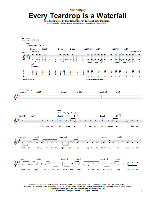 Coldplay Every Teardrop Is A Waterfall Sheet Music Notes & Chords for Easy Guitar Tab - Download or Print PDF