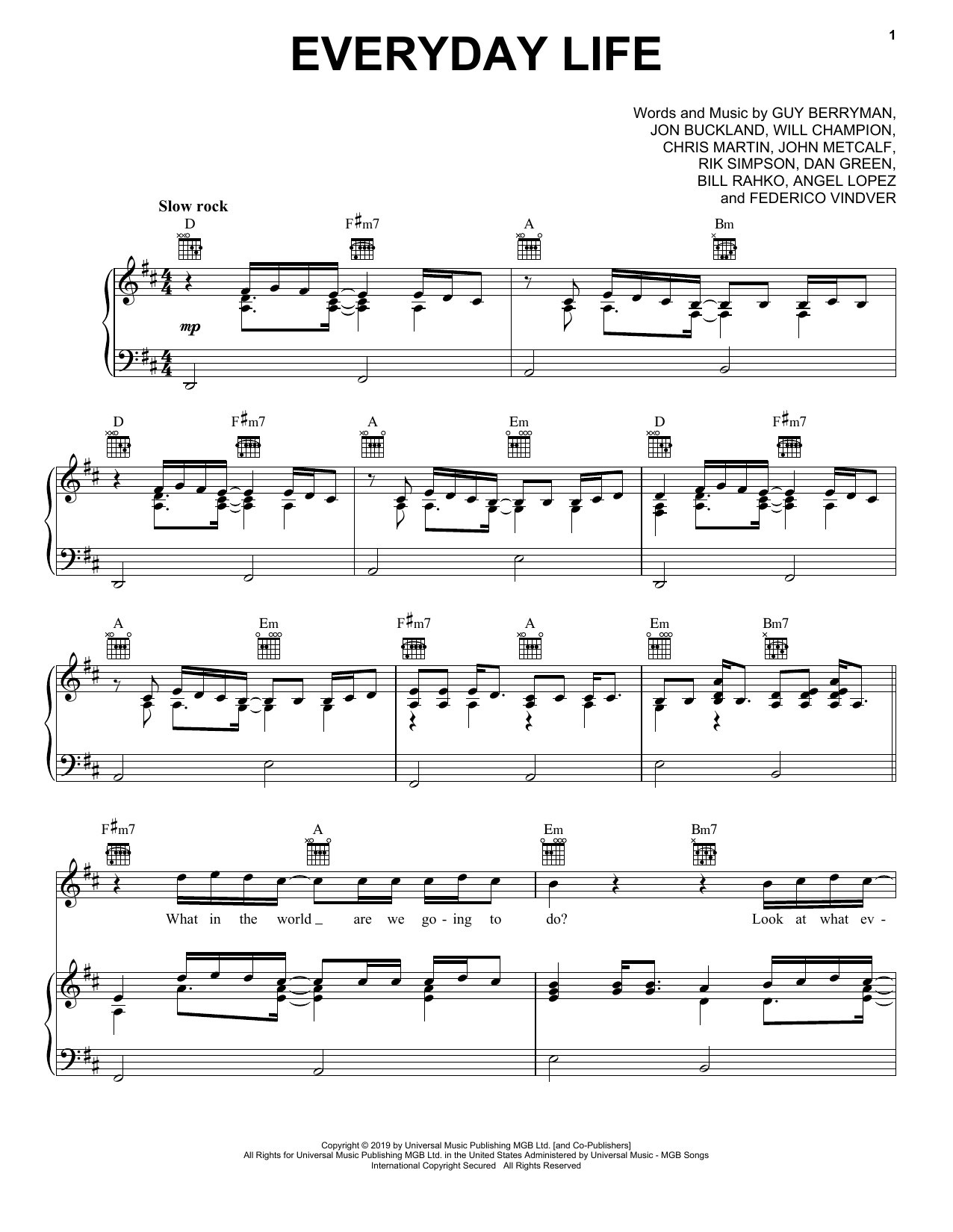 Coldplay Everyday Life Sheet Music Notes & Chords for Piano, Vocal & Guitar (Right-Hand Melody) - Download or Print PDF