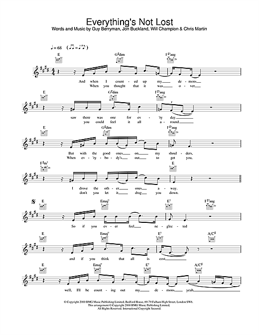 Preview Coldplay Everything's Not Lost Pop sheet music, notes and chords for Piano, Vocal & Guitar, SKU: 17684 sheet music, piano notes, chords, guitar tabs, score, transpose, transcribe, how to play, guide, download, learn, tutorial, progression, song, artist, awards, billboard, mtv, vh1, tour, single, album, release