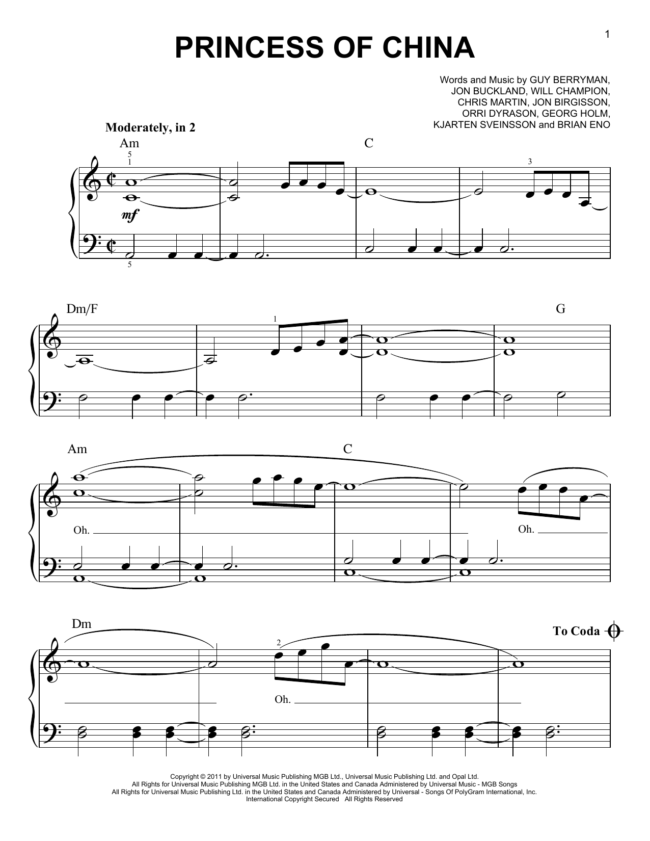 Coldplay featuring Rihanna Princess Of China Sheet Music Notes & Chords for Easy Piano - Download or Print PDF