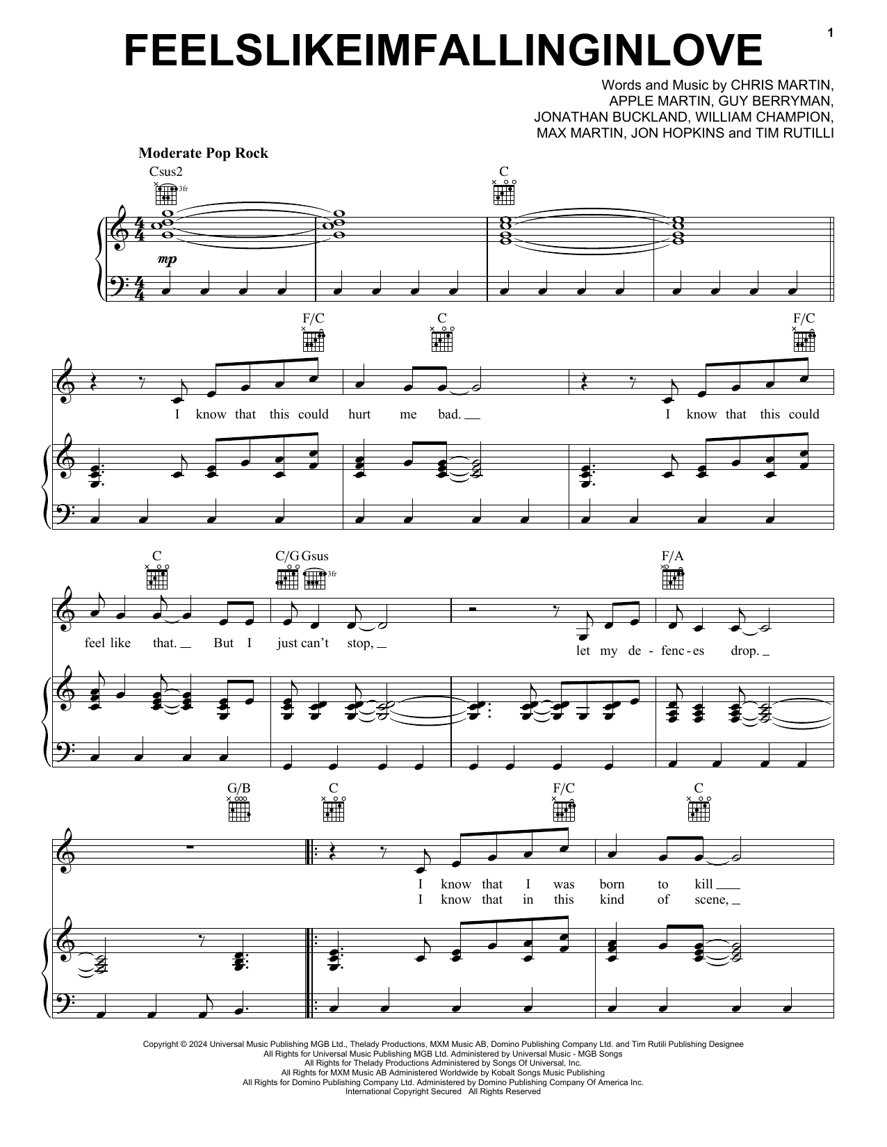 Coldplay feelslikeimfallinginlove Sheet Music Notes & Chords for Piano, Vocal & Guitar Chords (Right-Hand Melody) - Download or Print PDF