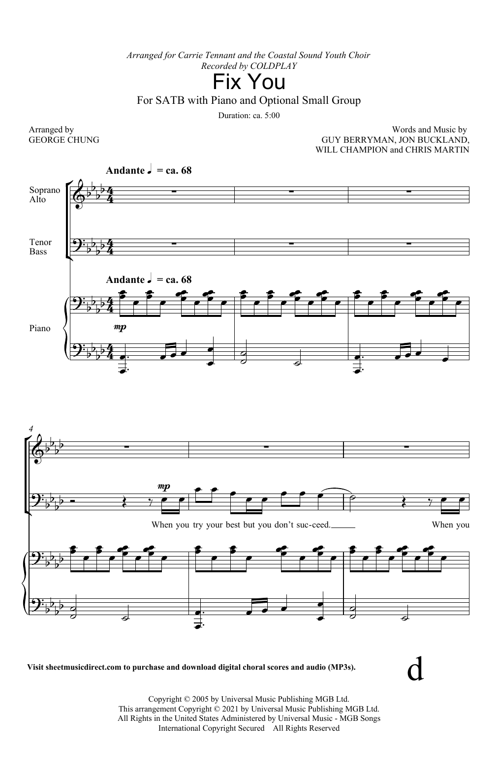 Coldplay Fix You (arr. George Chung) Sheet Music Notes & Chords for SATB Choir - Download or Print PDF