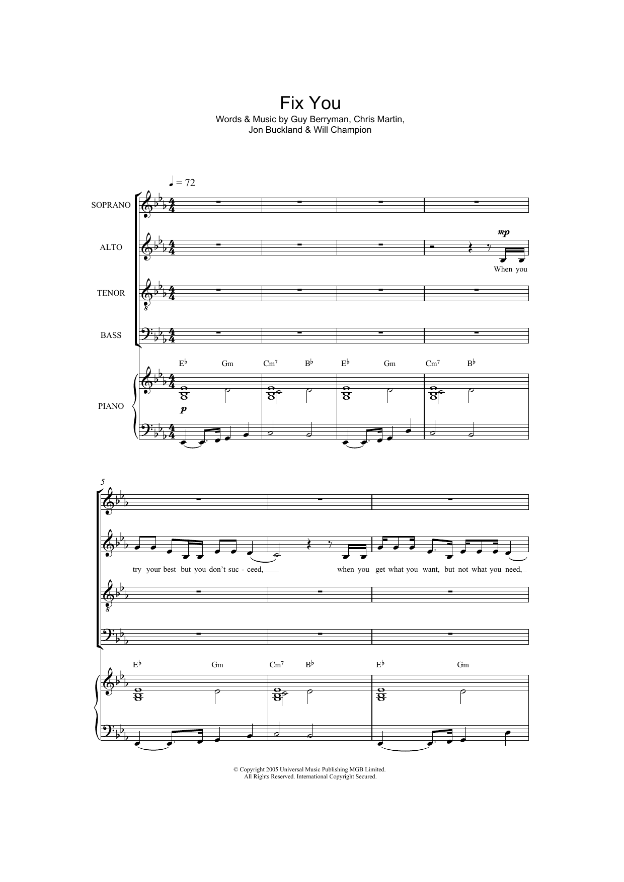 Coldplay Fix You (arr. Jonathan Wikeley) Sheet Music Notes & Chords for SATB - Download or Print PDF