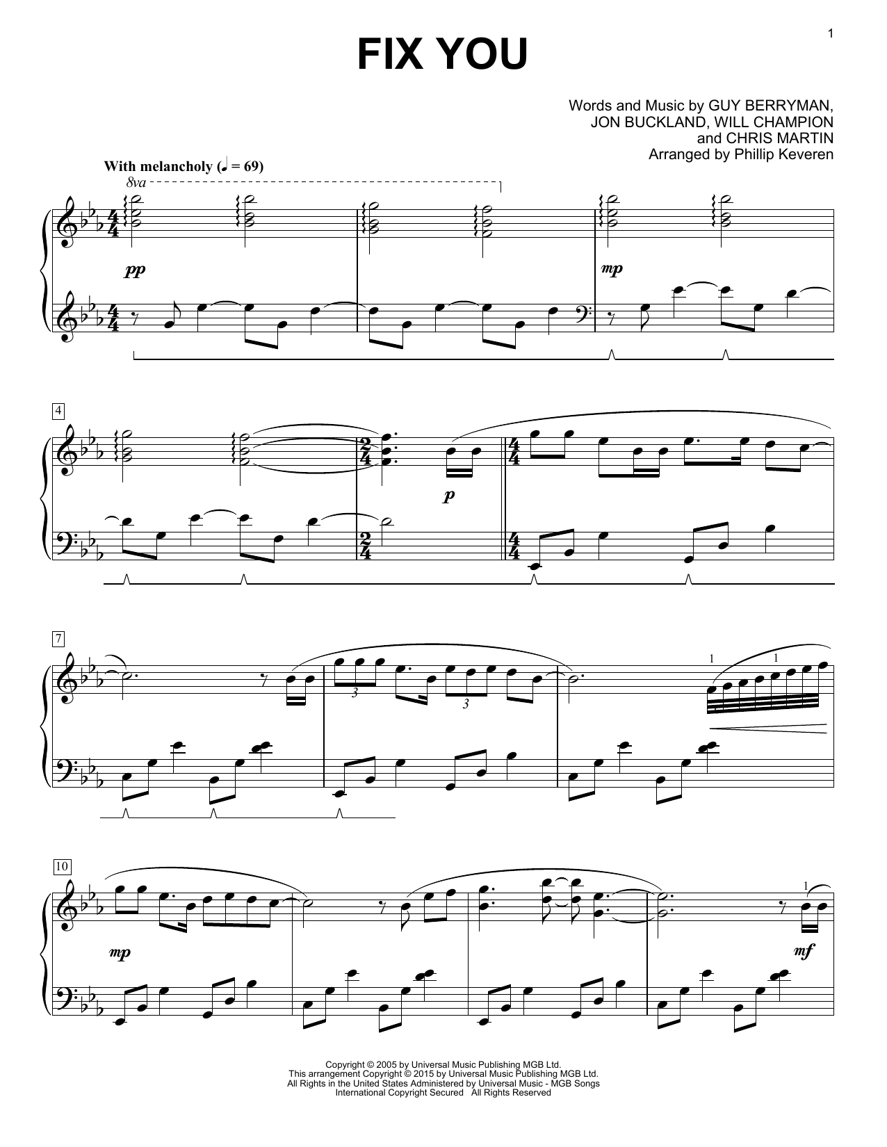 Coldplay Fix You [Classical version] (arr. Phillip Keveren) Sheet Music Notes & Chords for Piano - Download or Print PDF