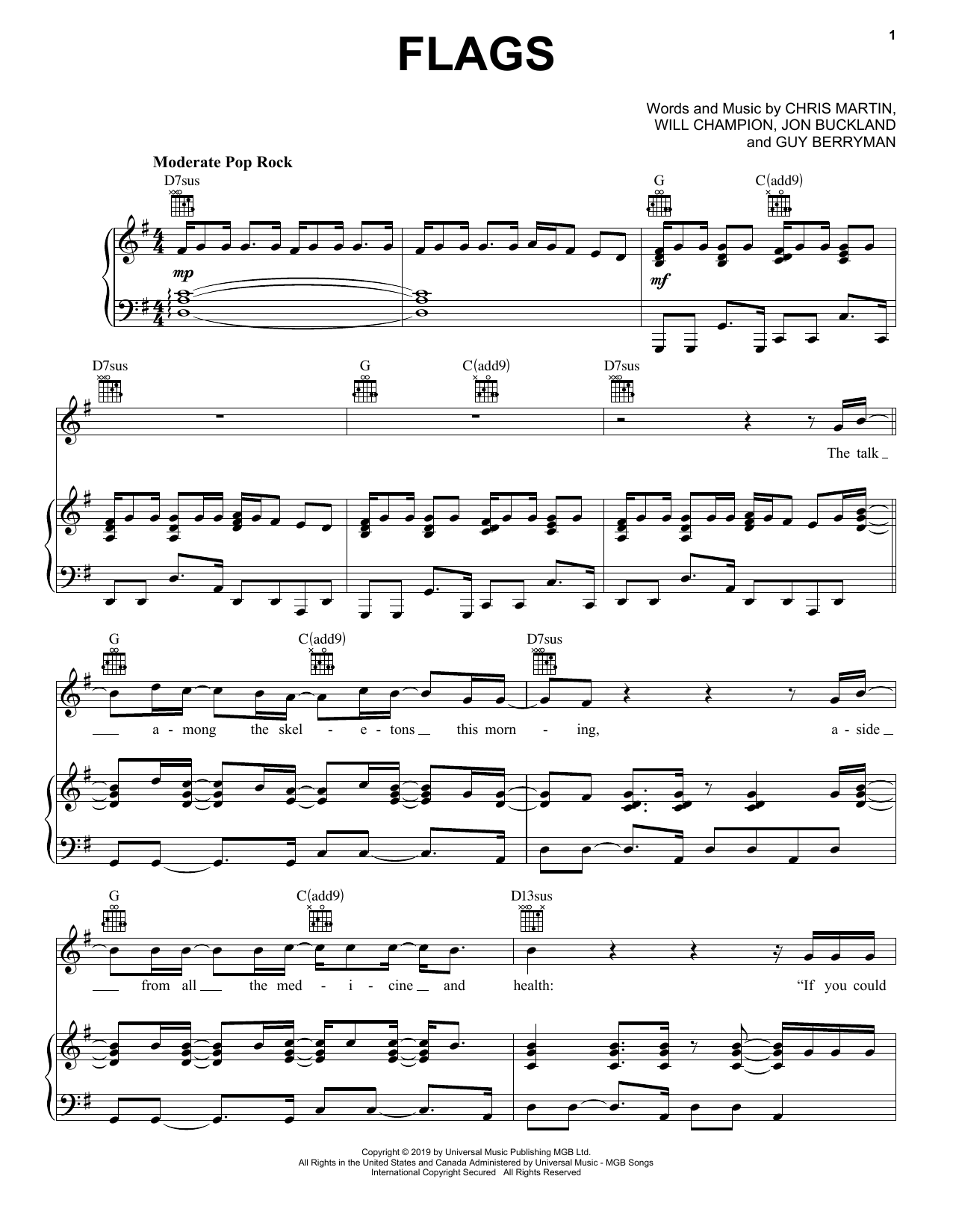 Coldplay Flags Sheet Music Notes & Chords for Piano, Vocal & Guitar (Right-Hand Melody) - Download or Print PDF