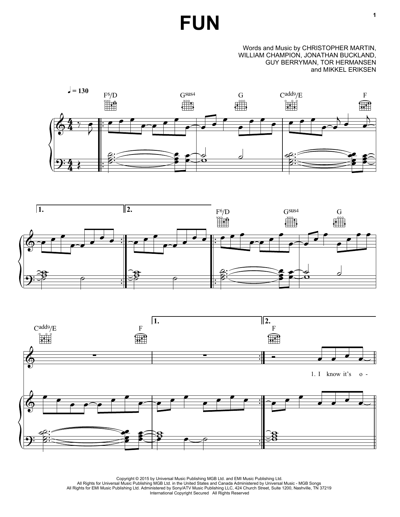 Coldplay Fun Sheet Music Notes & Chords for Piano, Vocal & Guitar (Right-Hand Melody) - Download or Print PDF