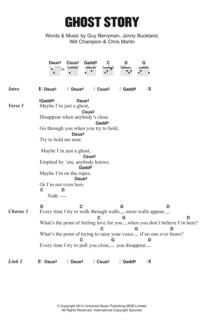 Coldplay Ghost Story Sheet Music Notes & Chords for Lyrics & Chords - Download or Print PDF