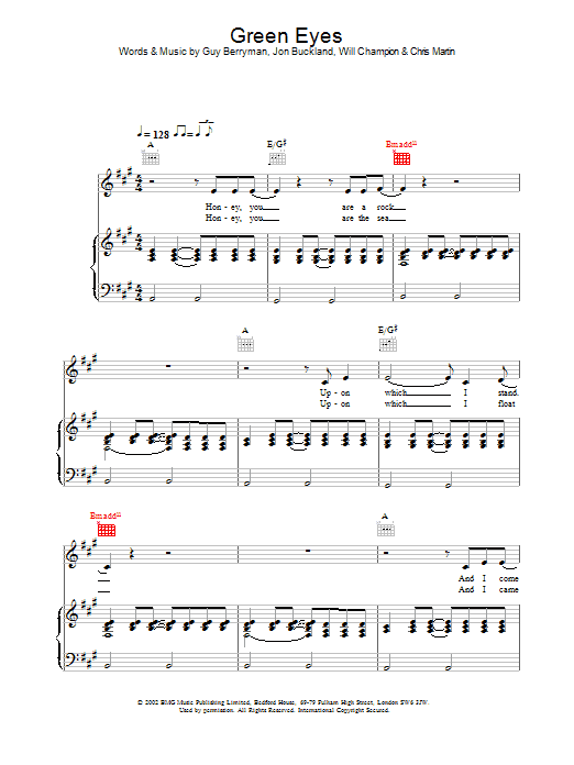 Coldplay Green Eyes Sheet Music Notes & Chords for Piano, Vocal & Guitar - Download or Print PDF