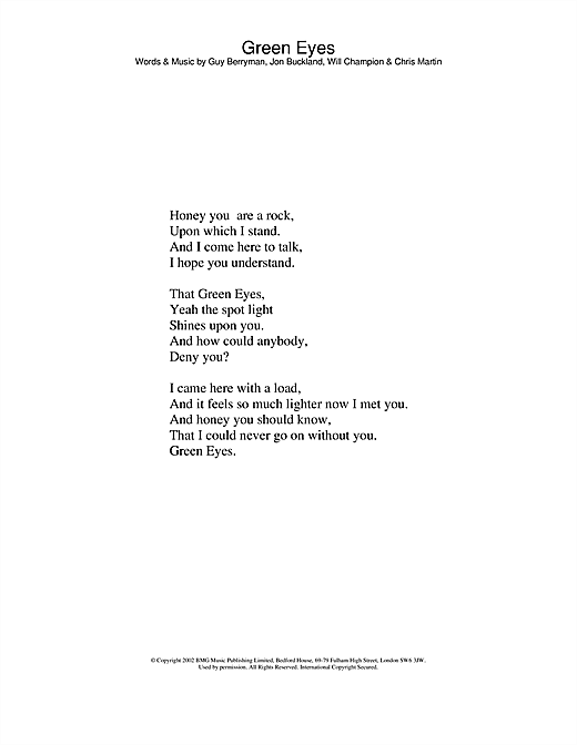 Preview Coldplay Green Eyes Pop sheet music, notes and chords for Guitar Tab, SKU: 22991 sheet music, piano notes, chords, guitar tabs, score, transpose, transcribe, how to play, guide, download, learn, tutorial, progression, song, artist, awards, billboard, mtv, vh1, tour, single, album, release