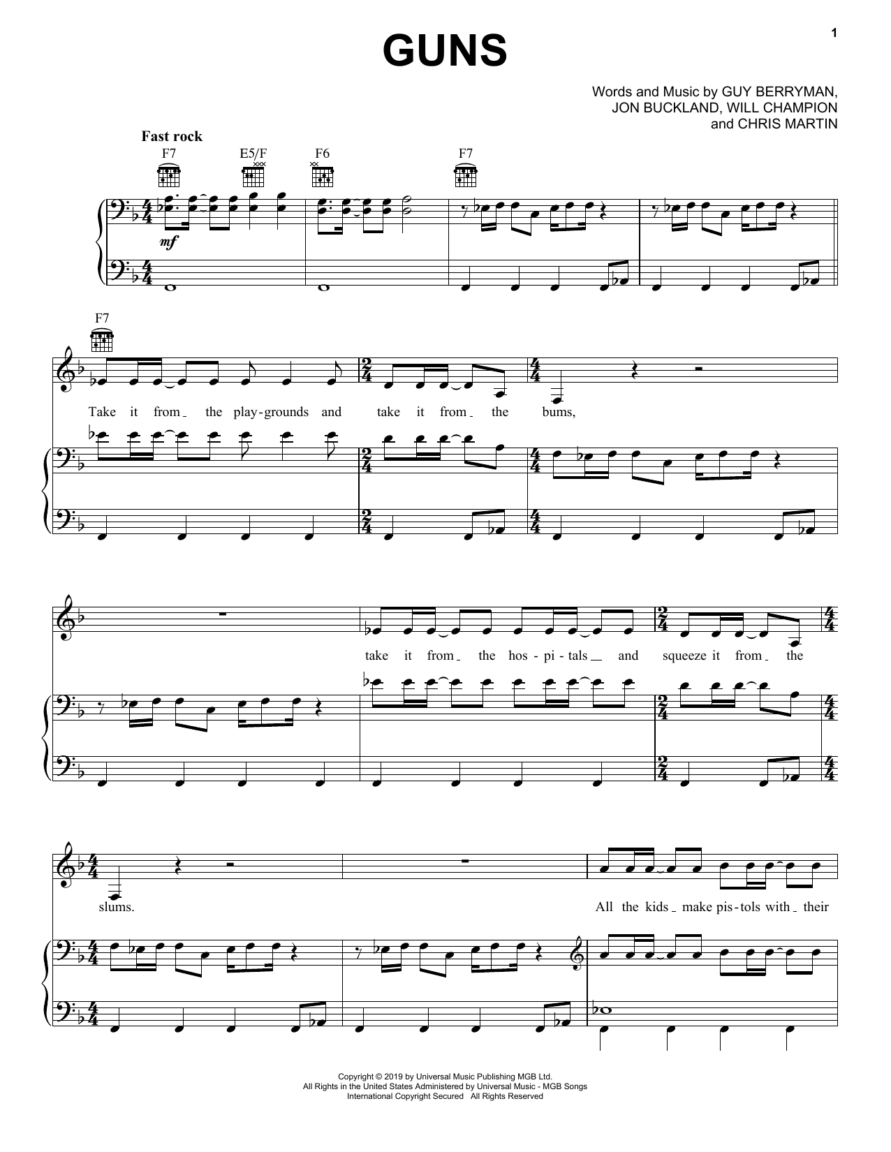 Coldplay Guns Sheet Music Notes & Chords for Piano, Vocal & Guitar (Right-Hand Melody) - Download or Print PDF