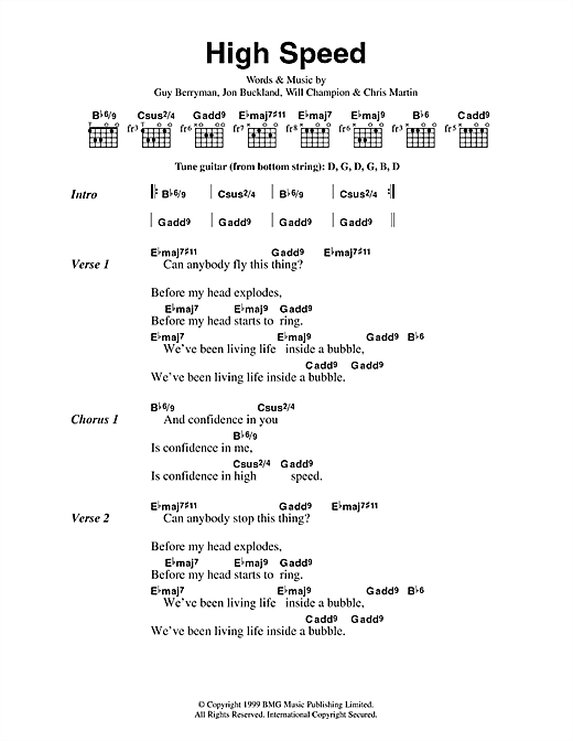 Preview Coldplay High Speed Pop sheet music, notes and chords for Piano, Vocal & Guitar, SKU: 17681 High Speed sheet music