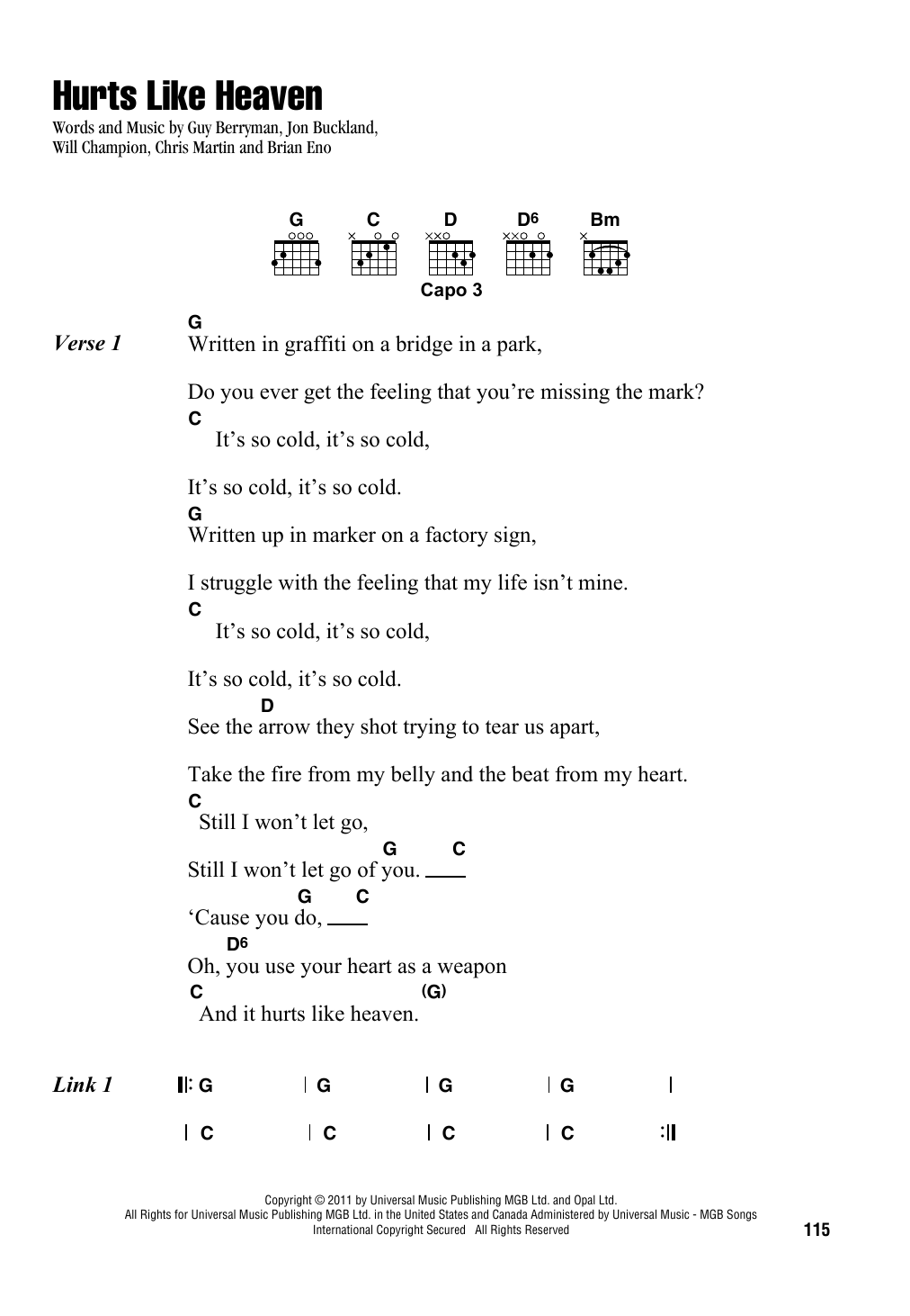 Coldplay Hurts Like Heaven Sheet Music Notes & Chords for Piano, Vocal & Guitar (Right-Hand Melody) - Download or Print PDF