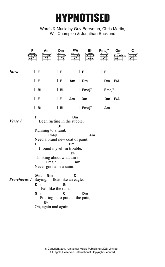 Coldplay Hypnotised Sheet Music Notes & Chords for Lyrics & Chords - Download or Print PDF